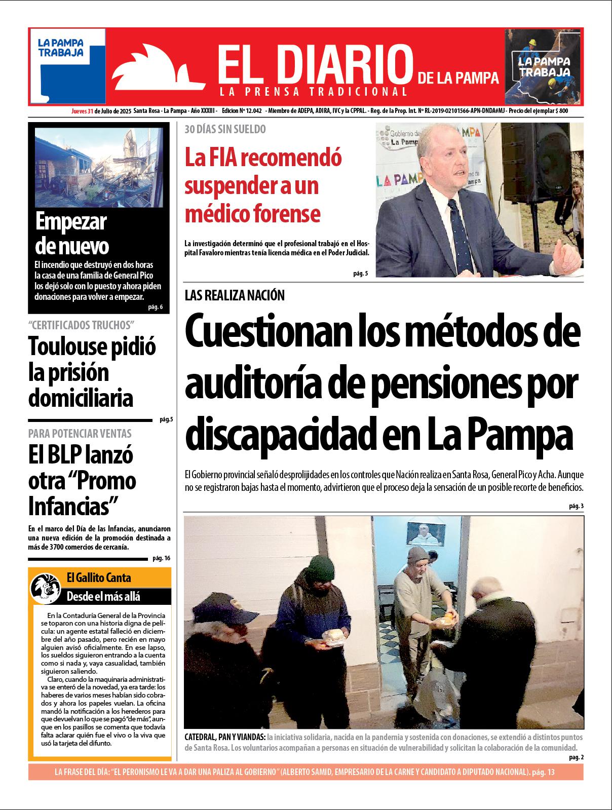 Tapa de El Diario en papel  jueves 31 de julio de 2025